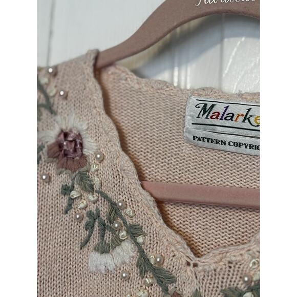 Vintage Womens Sweater Lg Flowers Crochet Embroidery Pink Pearls Top GmaCore - Picture 11 of 14